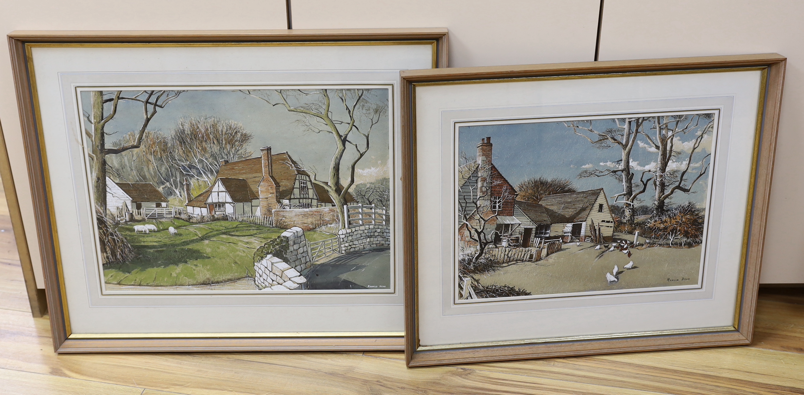 Ronald Dean (1929-2023), two heightened watercolours, ‘Free Range’ and ‘Tilford Cottage’, each signed, largest 50 x 37cm